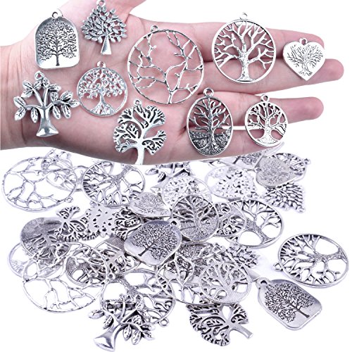 BronaGrand 40Pcs Tree of Life Charms Pendents for DIY Bracelet Necklace Earrings Antique Silver