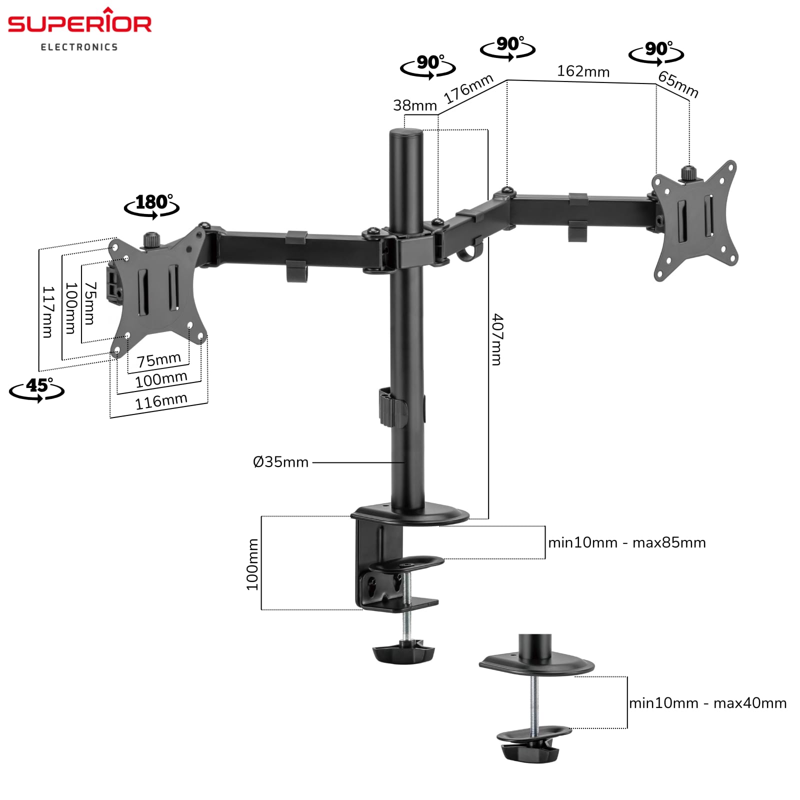 UPGRAVITY Supporto Doppio Monitor Per Schermi 17-32 Pollici - Bracci Regolabili, VESA 75/100, Capacità 8kg Per Braccio, Con Gestione Cavi - 2