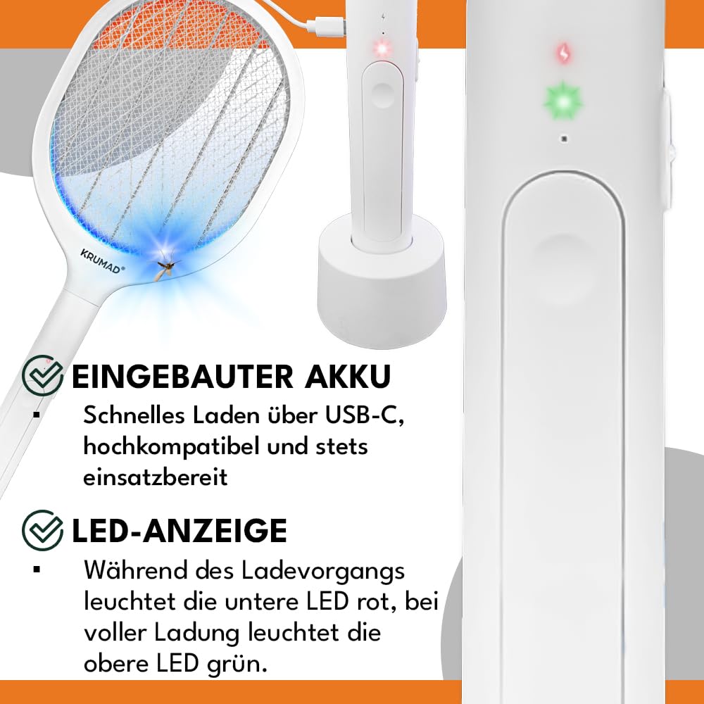 KRUMAD Elektryczna łapka na muchy i komary USB-C, owadobójcza packa z LED UV i podstawką, 3-warstwowa siatka, bezpieczna dla dzieci, ładowanie akumulatorowe
