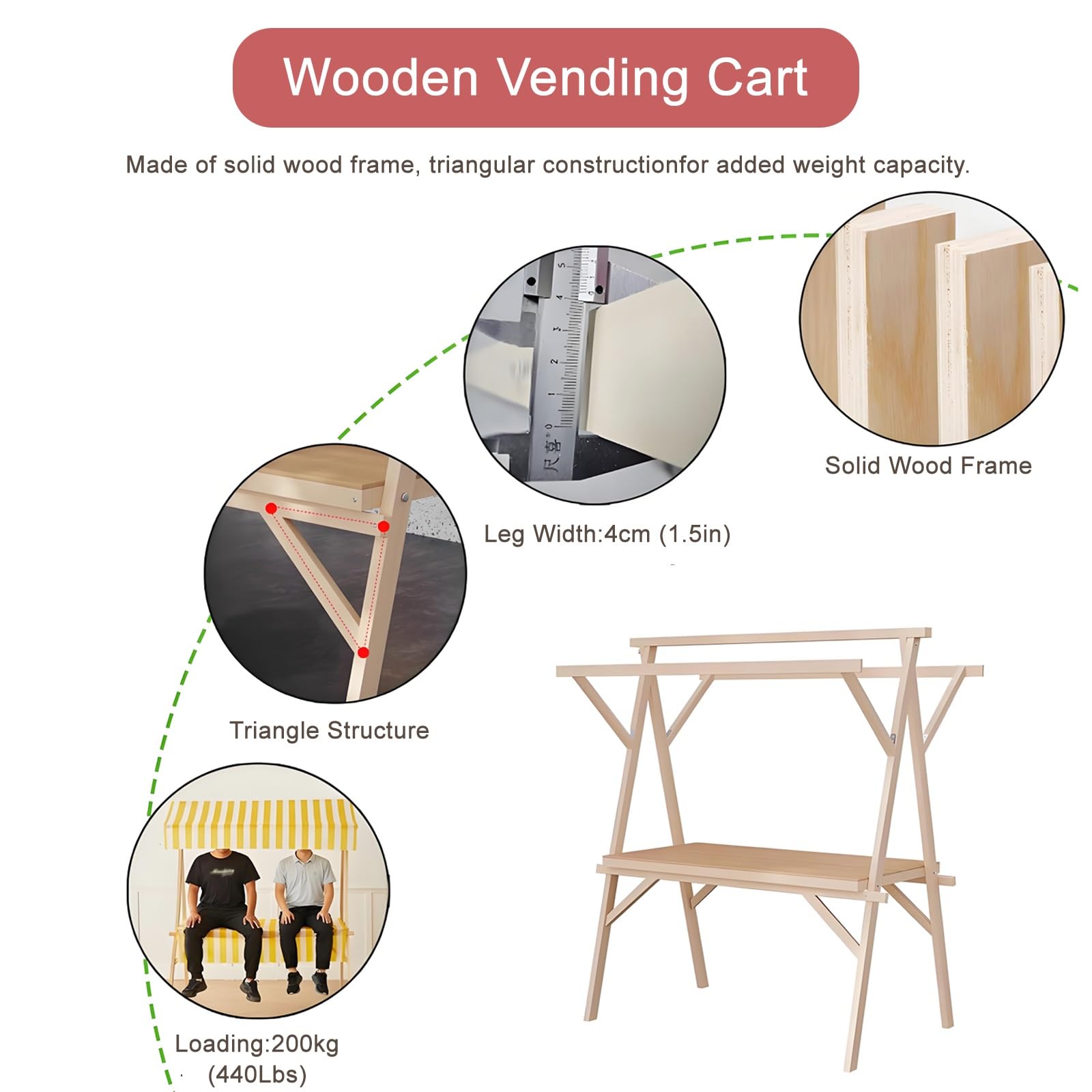 Imbissstand Auf Rädern, Kreative Marktwagen Aus Holz, Mobiler Marktstand Verkaufsstand Mit Abschließbarem, Tragbarem Vordach(Green2,120cm/47.2in)