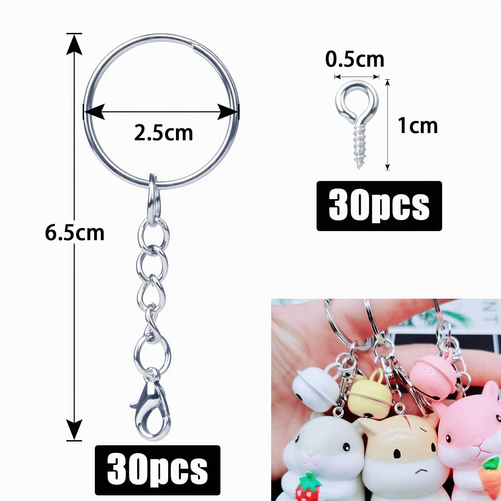 Attache Porte Cléf 60 Pièces Anneau Porte Clé avec Chaîne, 25 mm Anneaux Porte Clé Loisir Creatif Kit Porte Clef a Fabriquer pour DIY Bricolage Bijoux(Argent)