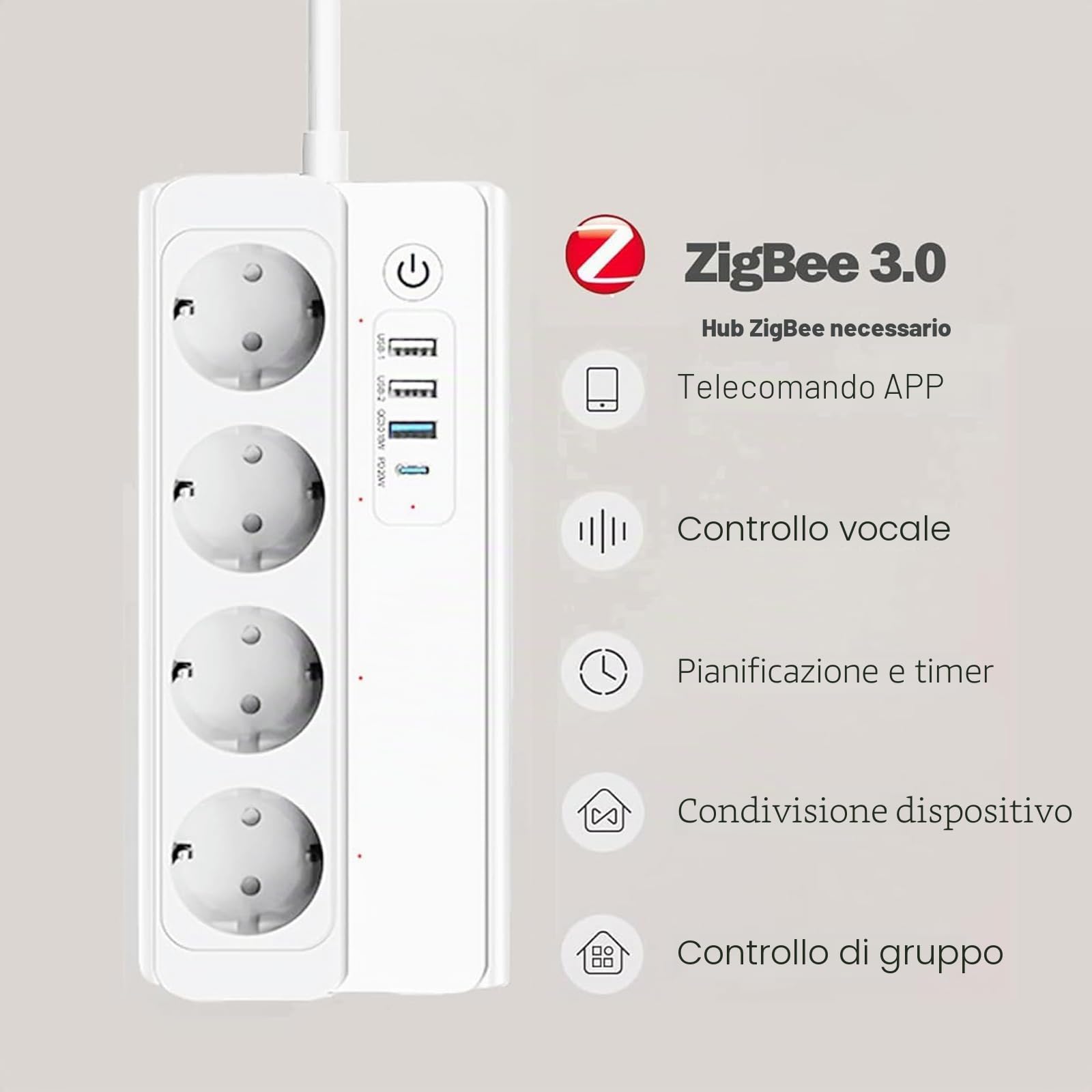 ZigBee Power Strip with Multiple USB Ports - 3A 18W + 1C 20W, Surge Protection, 16A, Compatible with Philips HUE, Alexa, Google Home - Requires ZigBee Gateway Hub