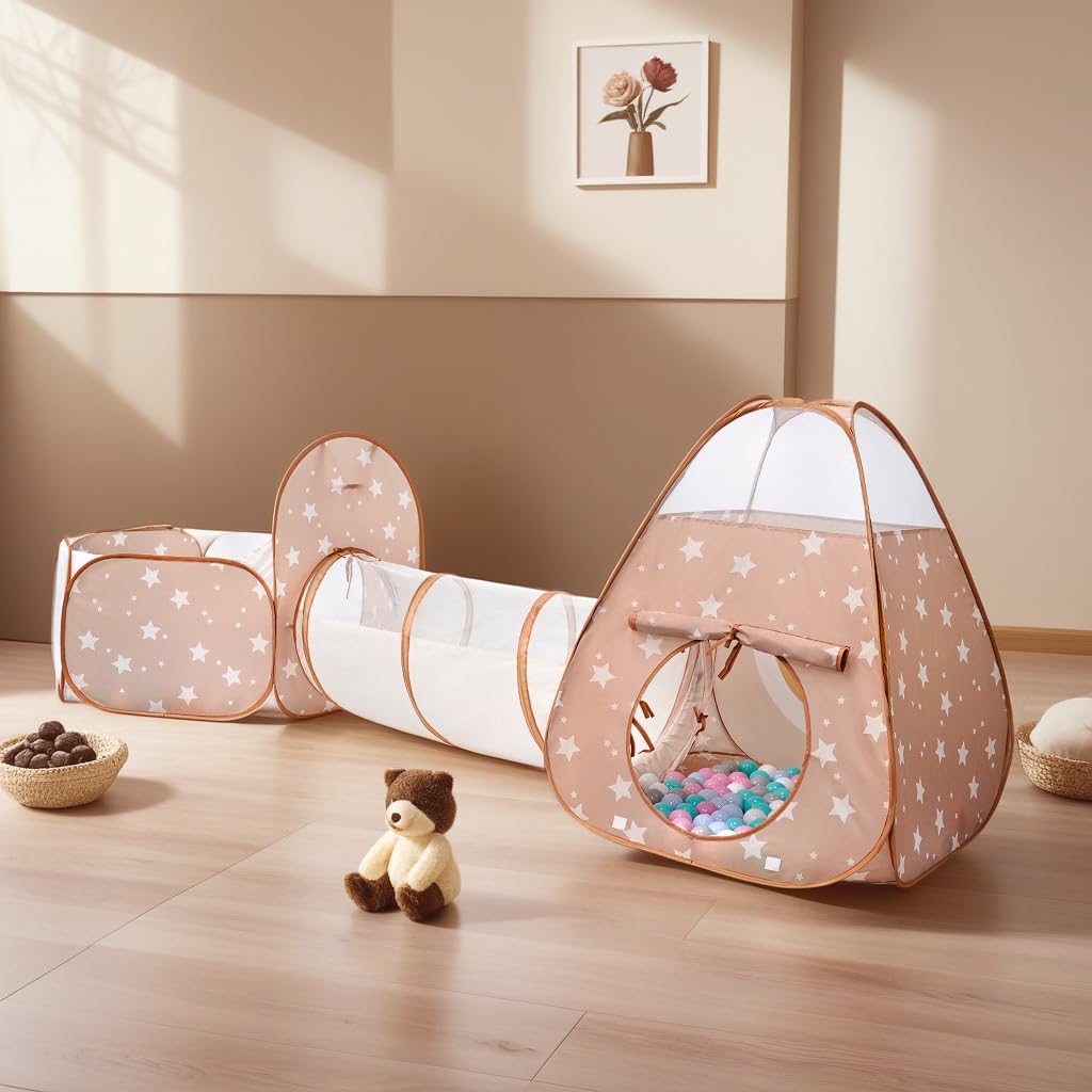 3 in 1 Pop Up Kids Play Tent with Tunnel and Ball Pit for Kids, Boys, Girls, Babies and Toddlers, Indoor/Outdoor Playhouse, Brown/Apricot