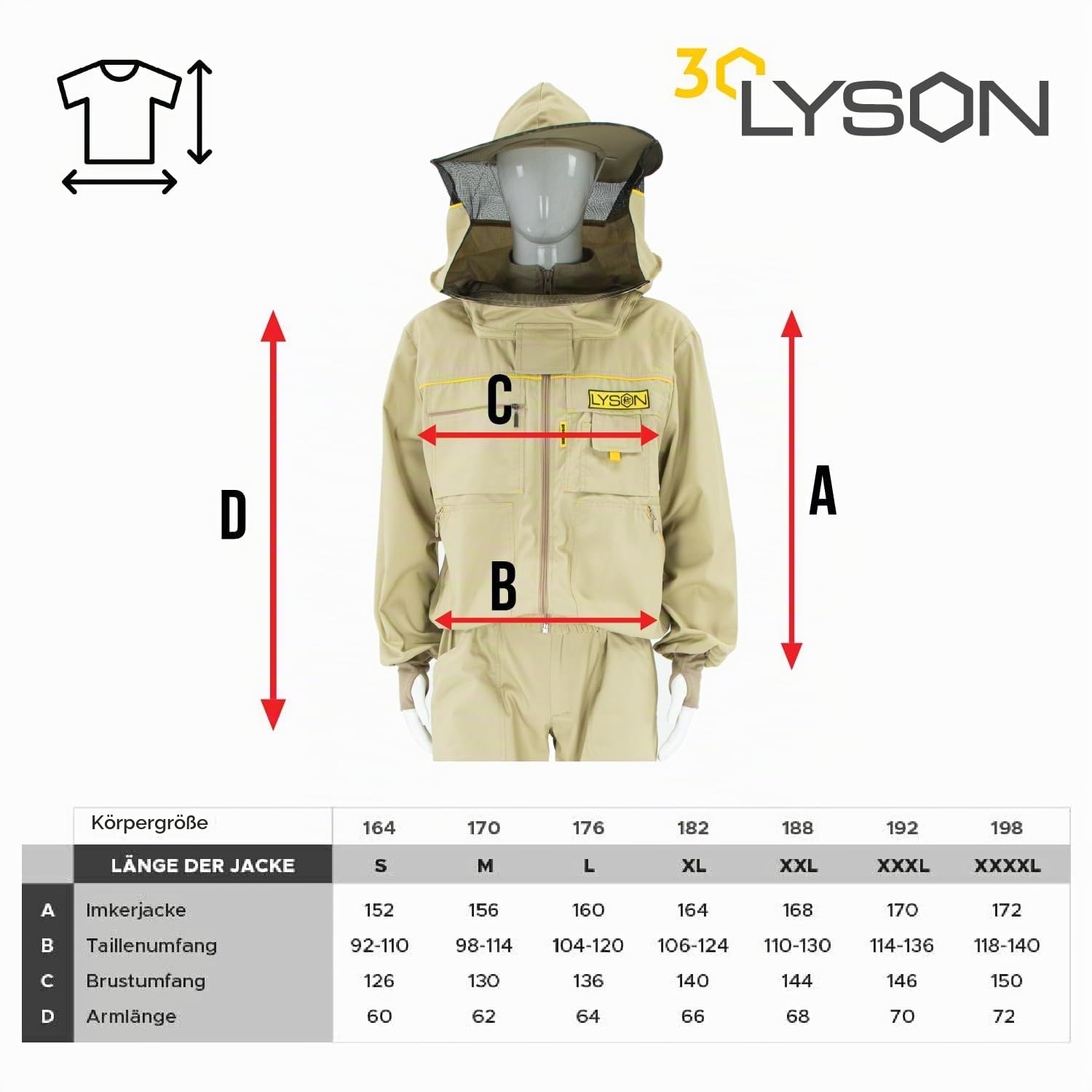 LYSON Imkerbluse mit abnehmbarem Hut/Imkerjacke mit Handstulpen mit Daumenloch Unisex Imkerbluse belüftet Professionelle Imkerbekleidung, Imkerjacke mit Reißverschluss PREMIUM (S, Weiß)