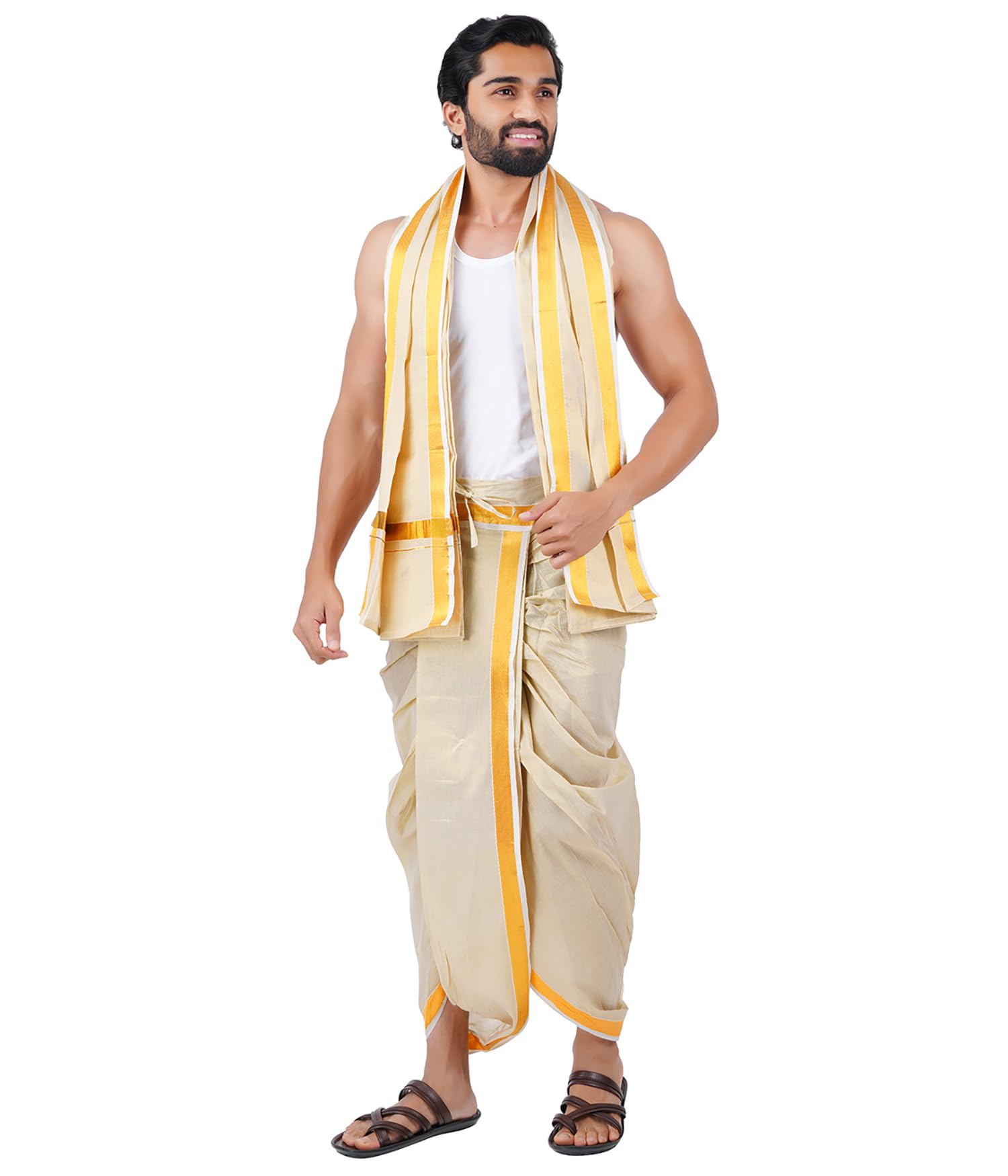 Prakasam Cotton -Tissue Fabric Readymade Panchakacham Dhoti & Towel Set With Pocket Solid Men Dhoti