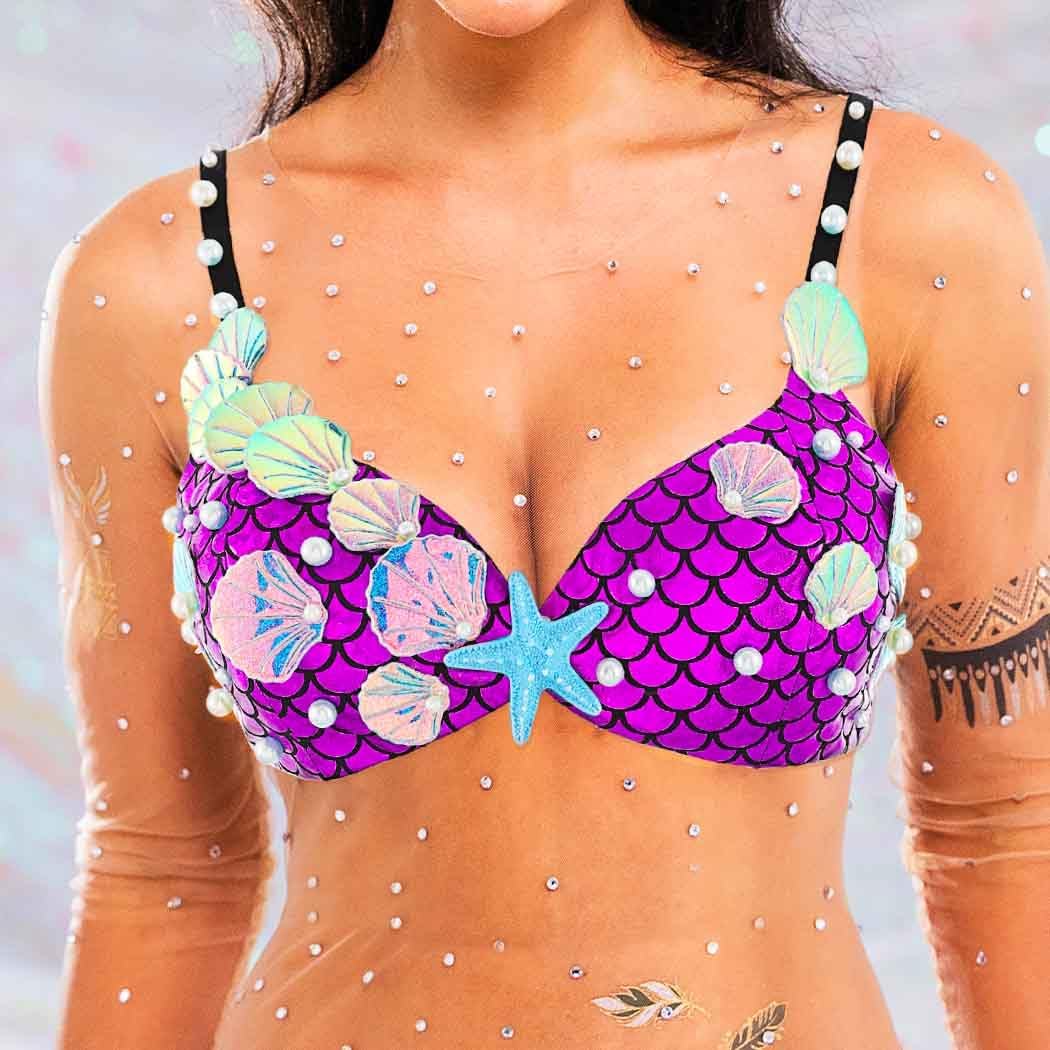 Asooll Mermaid Costume Tops Purple Seashell Bra Sexy Finishnet Tops for Women - Image 3