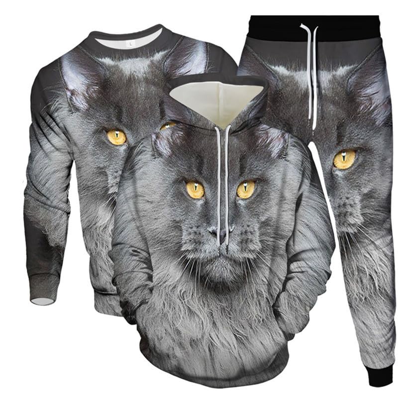 Set Tuta da Uomo Felpe con Cappuccio Stampate in 3D Animal Cat + Felpa + Set da Jogging Set da 3 Pezzi Set Hip Hop Activewear Set Outfit
