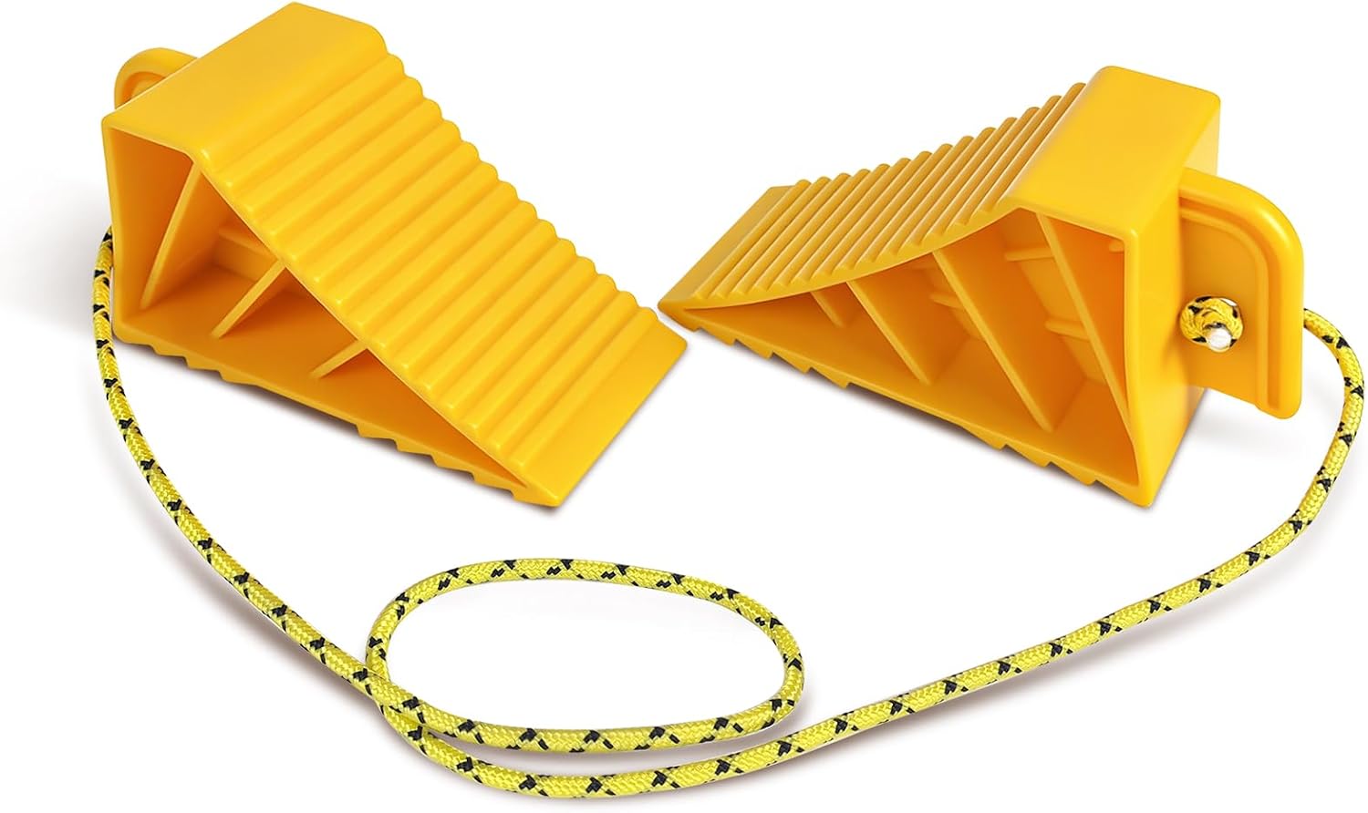ROBLOCK 2 PCS Wheel Chocks for Travel Trailers, Heavy Duty Yellow Tire Stoppers with Rope, Non-Slip Grooved Wheel Blocks, Easy to Carry, Parking Stabilizer RV Accessories, Yellow