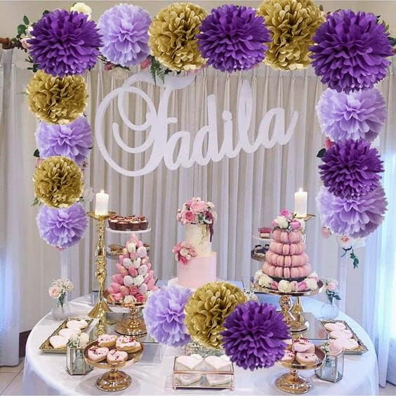 Miniatura 4 de Decoración de graduación 12 flores de papel de seda, morado y dorado, decoración de boda y despedida de soltera