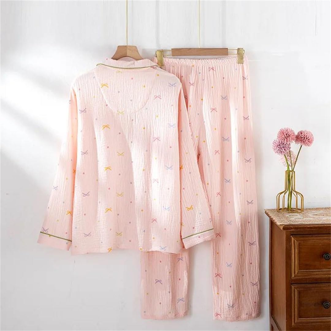 Conjunto de pijama de crepé de algodón para mujer, de manga larga, holgada, de dos piezas