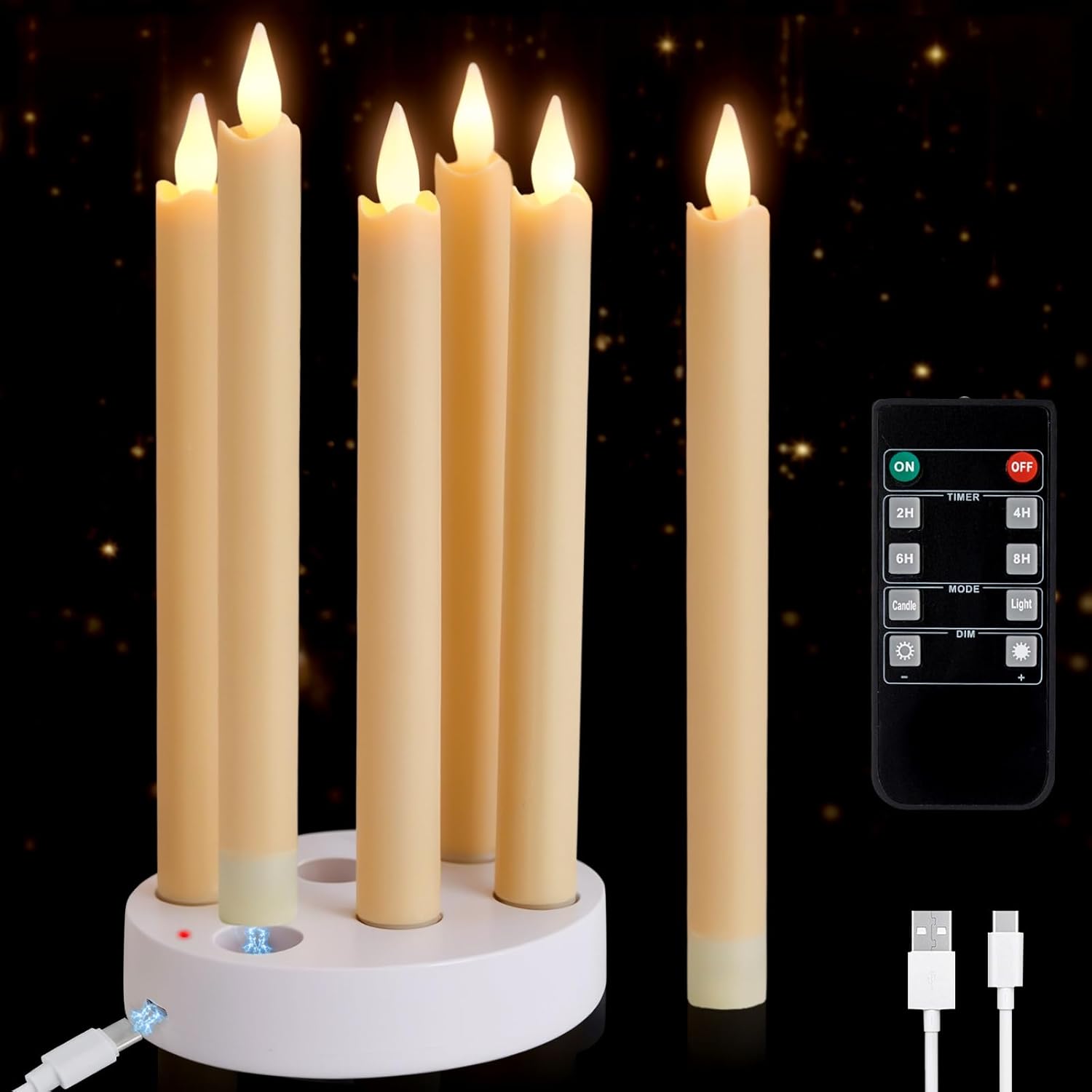 IMAGE Rechargeable Flameless Taper Candles with Charging Station, LED Flickering Candlesticks with Remote & Timer, 9.2 Inch Perfect for Home/Wedding/Halloween/Christmas Decor,6PCS