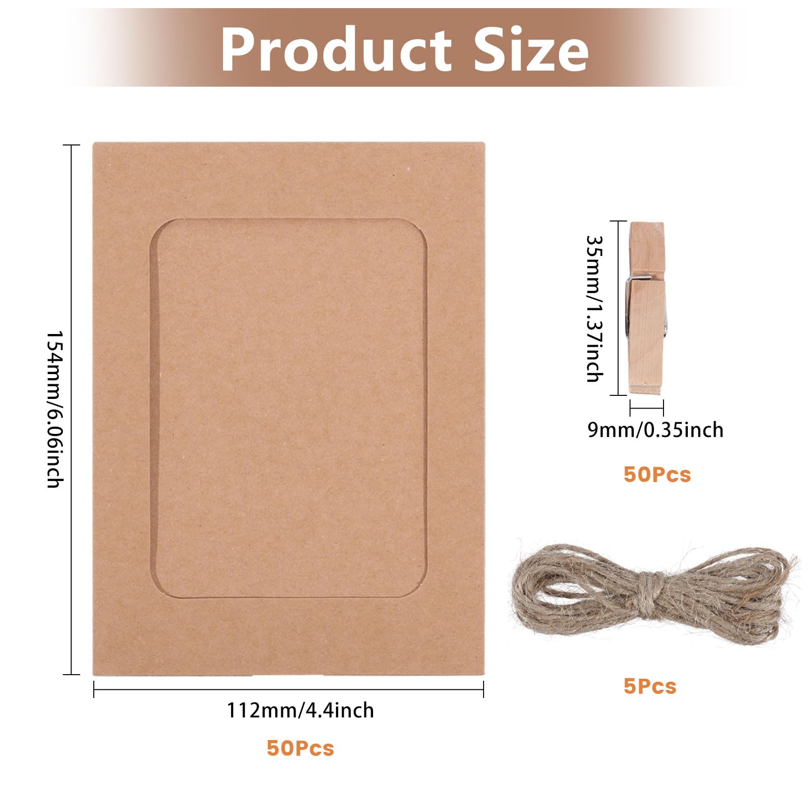 CHGCRAFT 50pcs Kraft Paper Photo Frames 4x6in DIY Cardboard Photo Hanging Display with 50pcs Clips and 10m Strings for DIY Display Party Decor