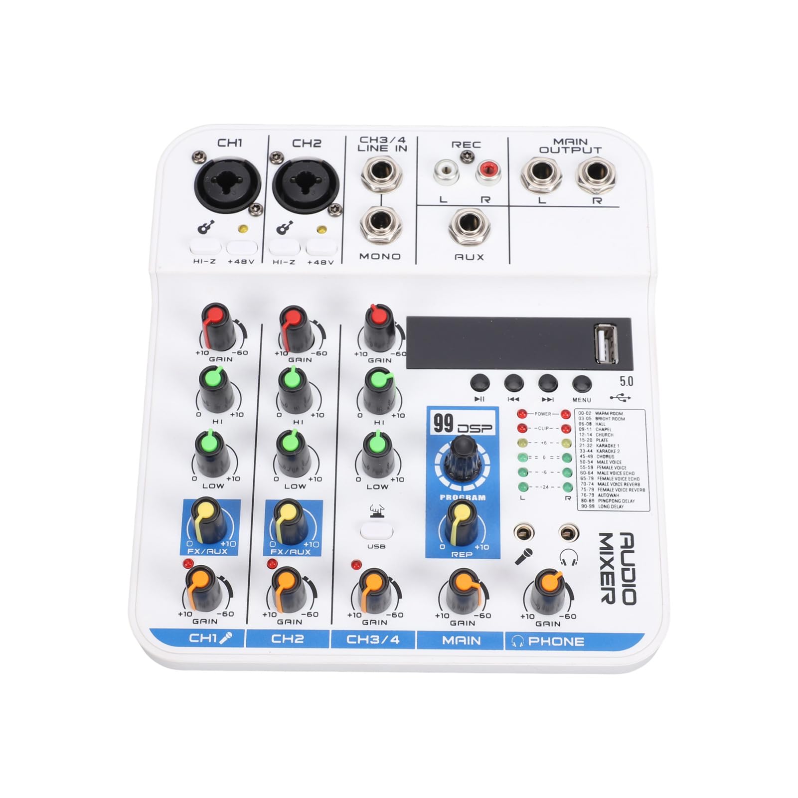 Mixer Audio a 4 Bluetooth DSP Digital Reverb Scheda Audio Mixer DJ con Ingresso USB MP3 XLR 6,35 Mm 3,5 Mm, Alimentazione Phantom 48 V per Streaming Live, Registrazione Karaoke e PC (WHITE)