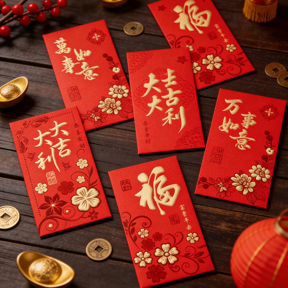 36 Pezzi Rosse per Capodanno Cinese 2026 Portafortuna con Motivo Hong Bao Rilievo