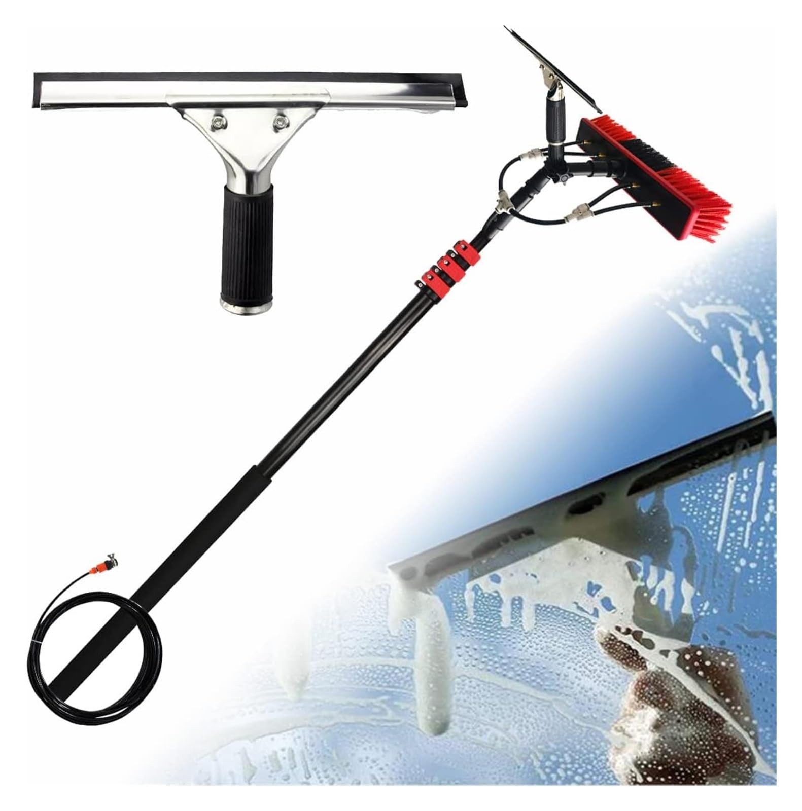 Teles - Kit de poste de limpieza de ventanas de 36 pies, manguera de cepillo y rociador/raspador para paneles solares y exterior Equint perfecto para una fácil limpieza de alto alcance