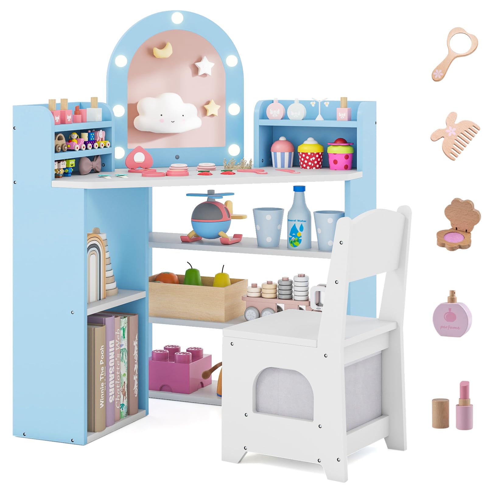 Costzon Kids Vanity with Lights, Corner Vanity Desk with Mirror, Storage Shelves, Wooden Princess Toddler Makeup Dressing Table, Kids Vanity Table and Chair Set for Little Girls (Blue)