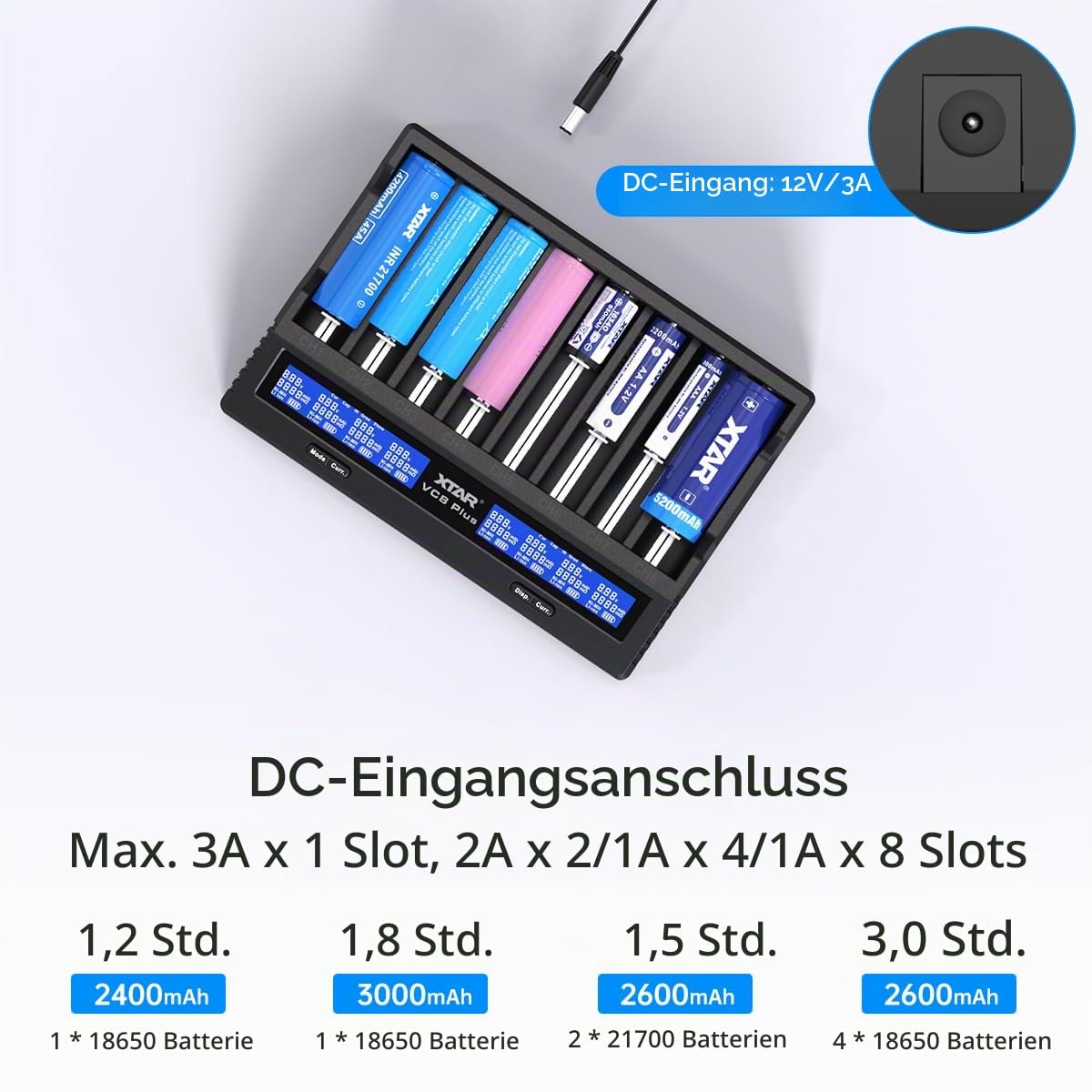 18650 Batterieladegerät 1,2 V AAA AA 3,6 V Liion XTAR VC8 Plus Batterieladegerät Testen Sie die Batteriekapazität