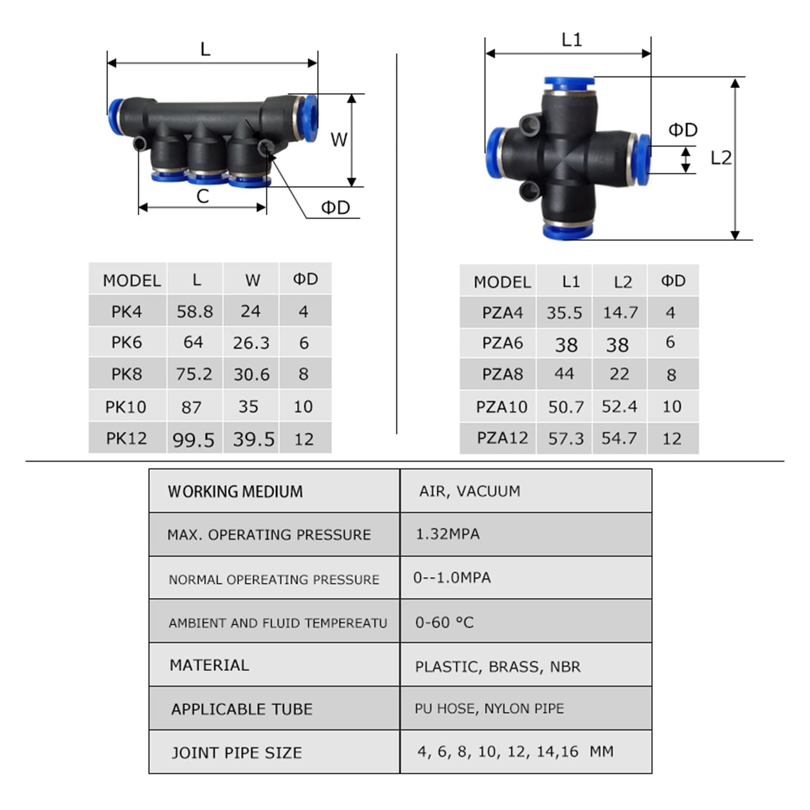 Accesso per tubi pneumatici, spingere nel connetto Confezione da 10 raccordi rapidi pneumatici in plastica for tubi dell'aria da 4-12 mm in nero e blu(Lsa,Use 8mm hose)