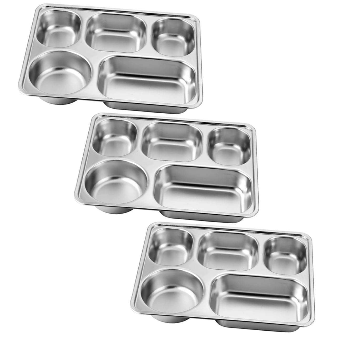 Lot de 3 Assiettes Repas en Acier Inoxydable à Trois Compartiments