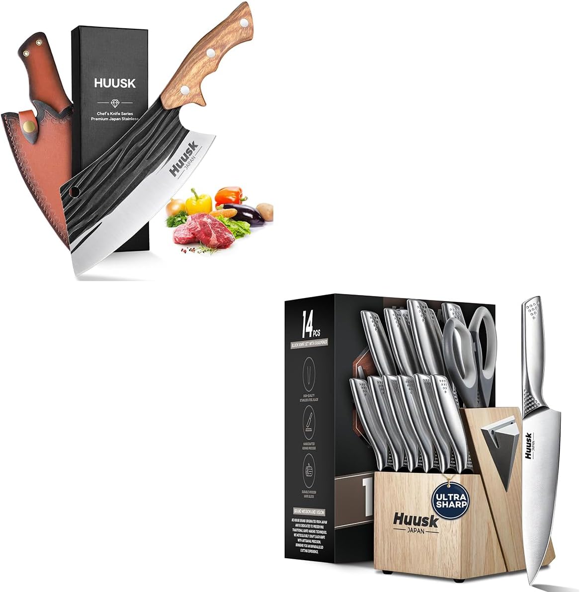 Huusk Knife Set with Block and Sharpener, Sharp Silver Professional Knives Set with Box for Kitchen, Butcher Knives for Meat Cutting