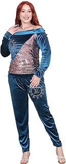 طقم بيجامة قطيفة Sondos شتوي حريمي - 2 قطعة (توب وبنطلون) - قطيفة زبدة فرنسي فاخرة - ترتر قلاب ميتاليك - كتف مكشوف - مقاس حر (60-90 كجم) كود 2035