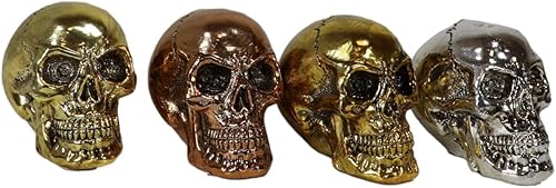 Miniatura 4 de Ebros Gift Pirate's Loot Island of Treasure - Juego de 4 mini figuritas de calaveras de latón y cobre en tono plateado metálico, cráneo, cráneo
