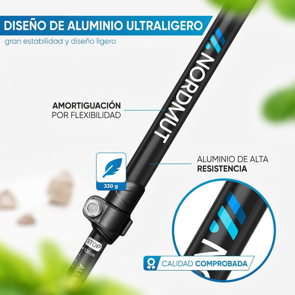 NORDMUT® Bastones de Senderismo Telescópicos | Nordic Walking Mujeres y Hombres | Bastones de Trekking Ultraligeros [con Set de Gomas] Ajustables con Empuñadura de Corcho Natural