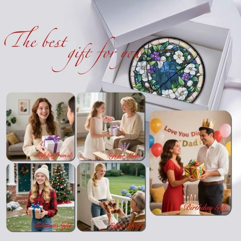 Stained Glass Floral Wreath Suncatcher Window Hanging, Elegant Flower Circle Sun Catcher, Home Window Decor Gift