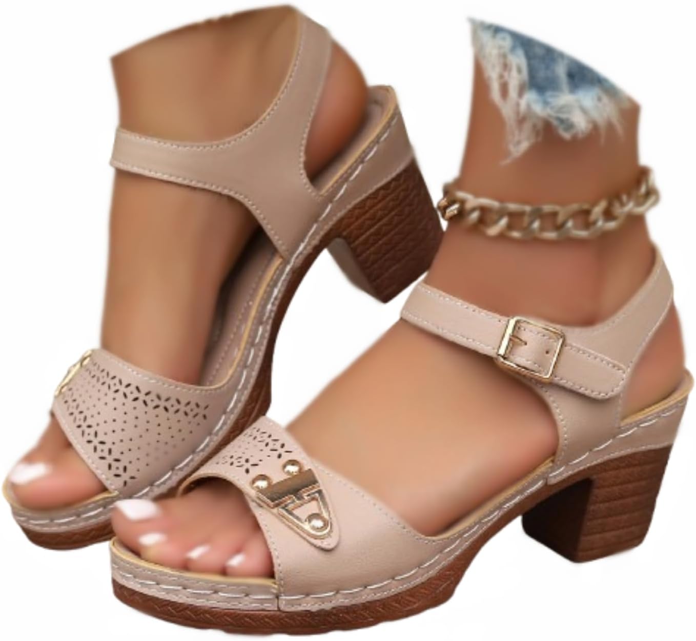 Women's Summer Casual Sandals 2025 Solid Color Comfort Chunky Heel Adjustable Sandals for Summer Beach Vacation