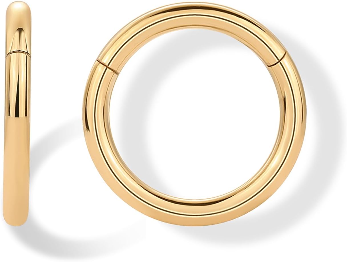 PAVOI 14K Gold Plated Titanium Clicker Hoop Earrings for Women Men | Hinged Huggie Earring | Cartilage Helix Nose Ring Tragus Rook Septum Piercing Jewelry 16-18-20 Gauges
