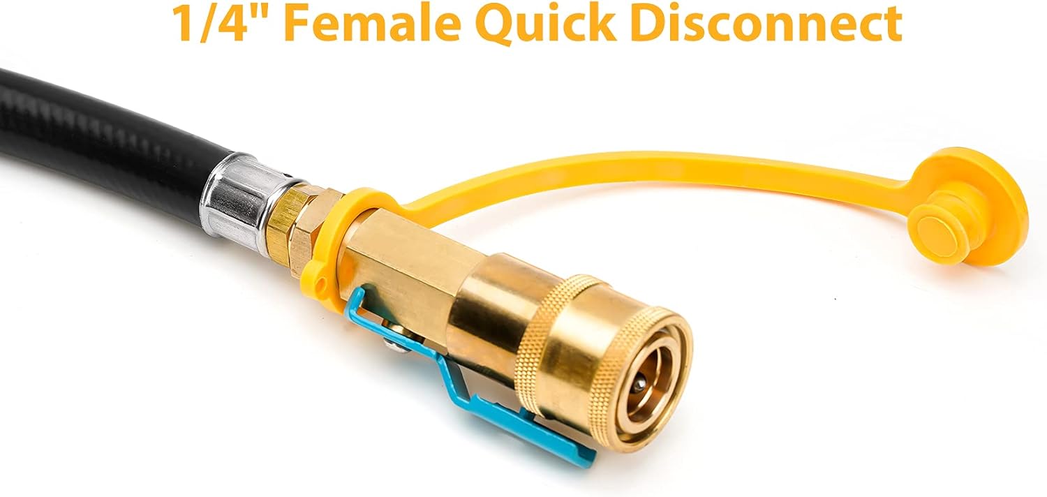 Stanbroil 12-feet Low Pressure Propane Quick-Connect Hose, Quick Disconnect Propane Hose Extension - 1/4” Safety Shutoff Valve & Male Full Flow Plug for RVs