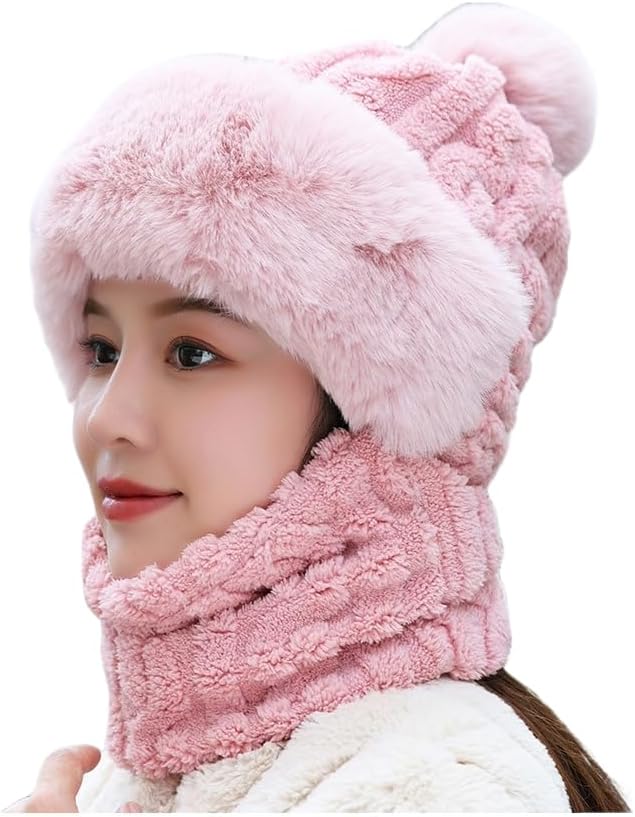 FashionIO - Women’s Plush Winter Balaclava Hat – 2-in-1 Fleece Hooded Scarf with Faux Fur Trim & Pom-Pom