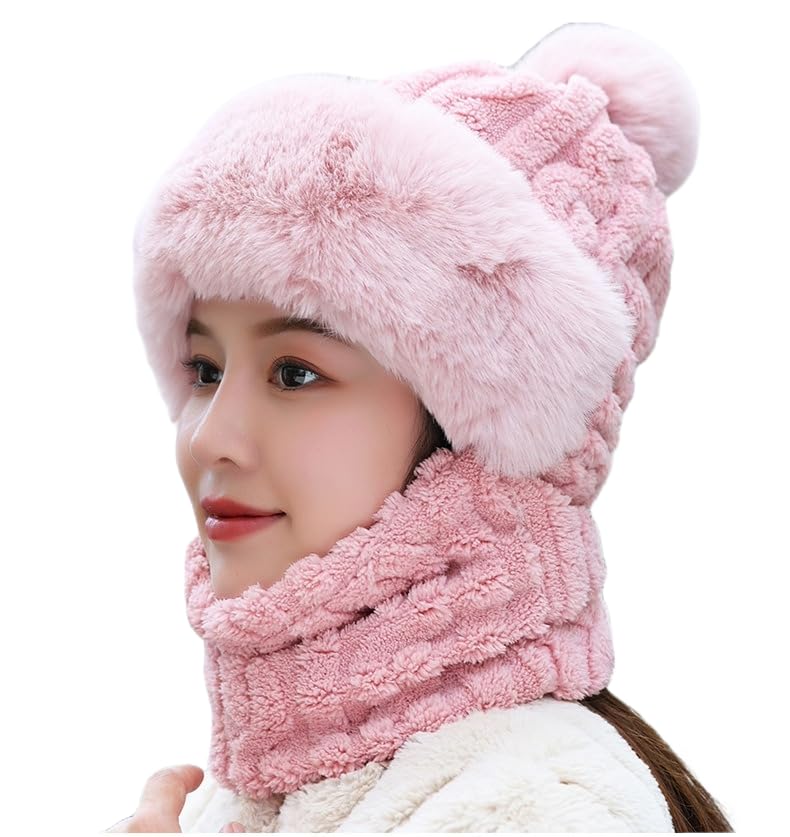 FashionIO - Women’s Plush Winter Balaclava Hat – 2-in-1 Fleece Hooded Scarf with Faux Fur Trim & Pom-Pom