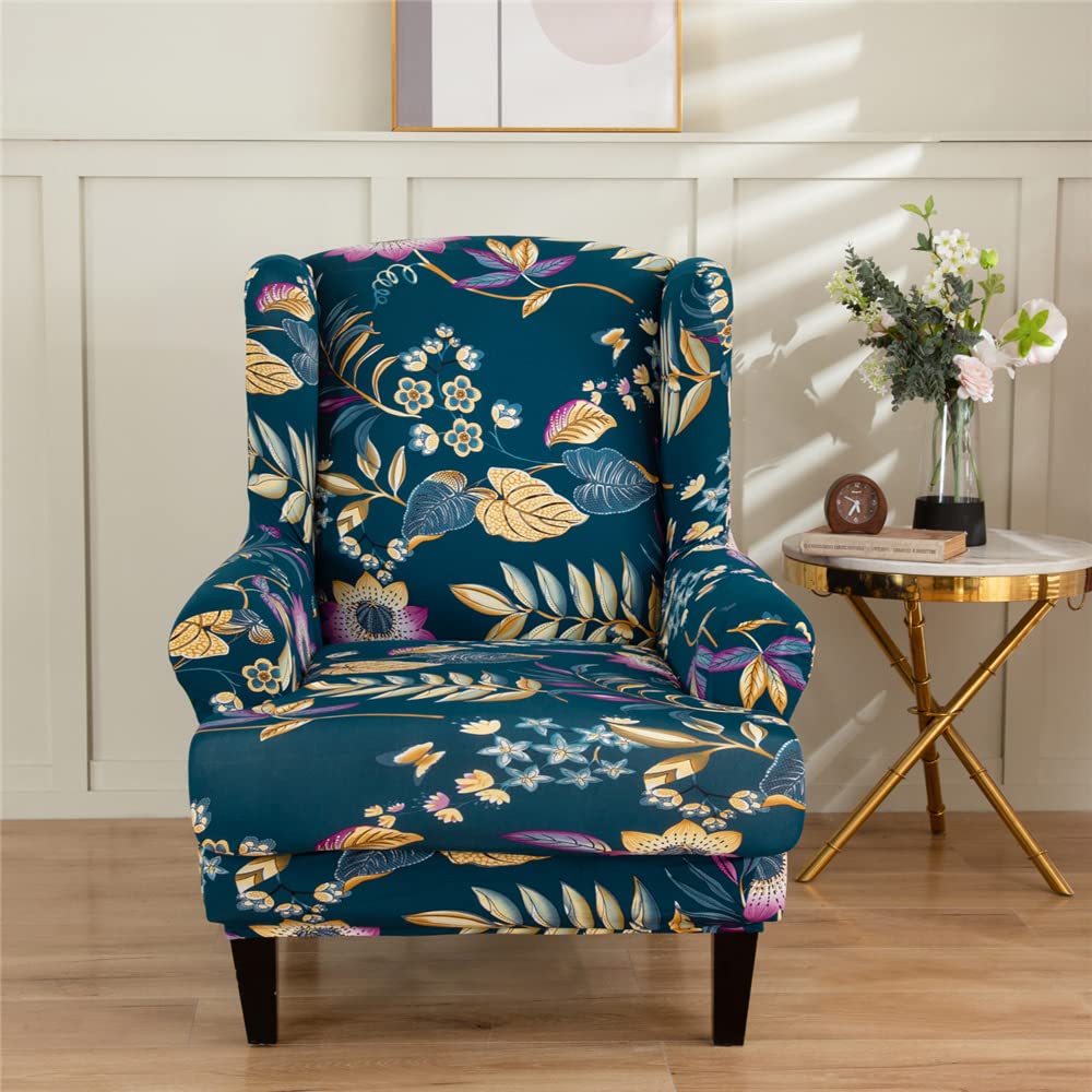Highdi Golden Leaves 2 Piece Stretch Wingback Chair Covers Wing Chair Slipcover Armchairs Covers Classic Floral Printed Sofa Slipcover Spandex Living Room Bedroom Furniture Protector (Golden Leaves)