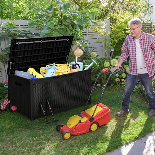 image for Greesum 100 Gallon Resin Deck Box Large Outdoor Storage with Cushions 