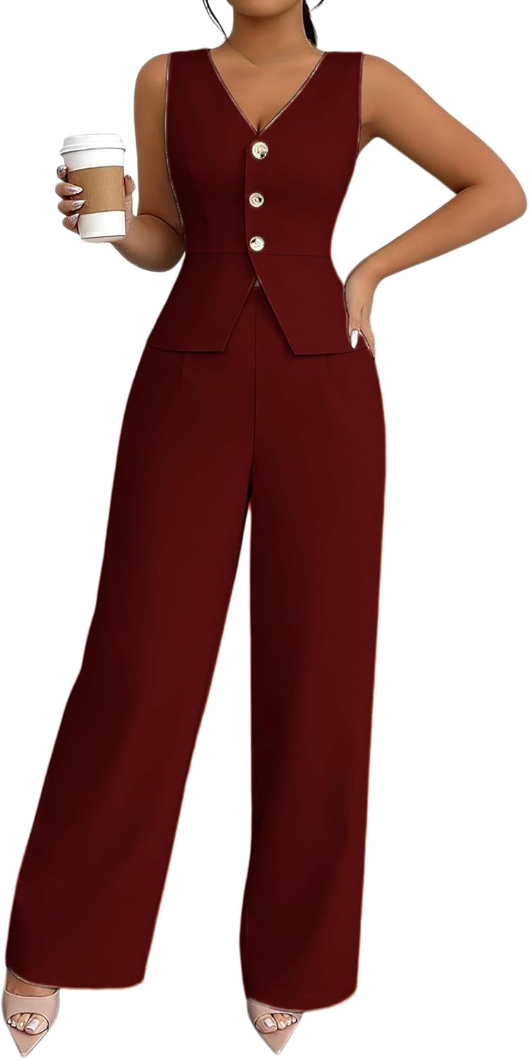 Women's 2 Piece V Neck Sleeveless Vest Blazer Set Summer Casual Slim Fit Pants Suits Business Work Outfits