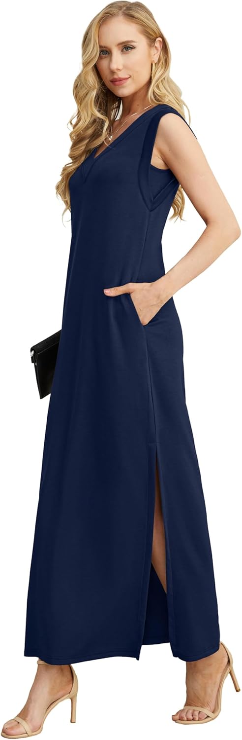 GRECERELLE 2026 Women Summer Inside-Out V-Neck Casual Loose Split Wrinkle-Free Long Maxi Beach Dress with Pockets - Image 3