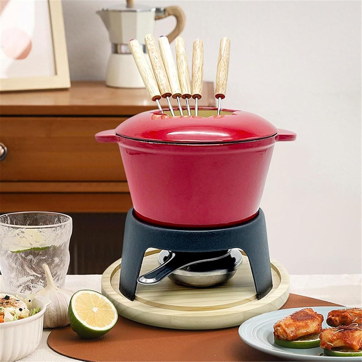 Chocolate Cheese Fondue Sets,Chocolate Melting Pot with 6 Fondue Forks,Wooden Pallet,Fondue Burner,Non-Stick Coating,Chocolate Fondue,for Marshmallow Toasting, Crackers, Kids Party