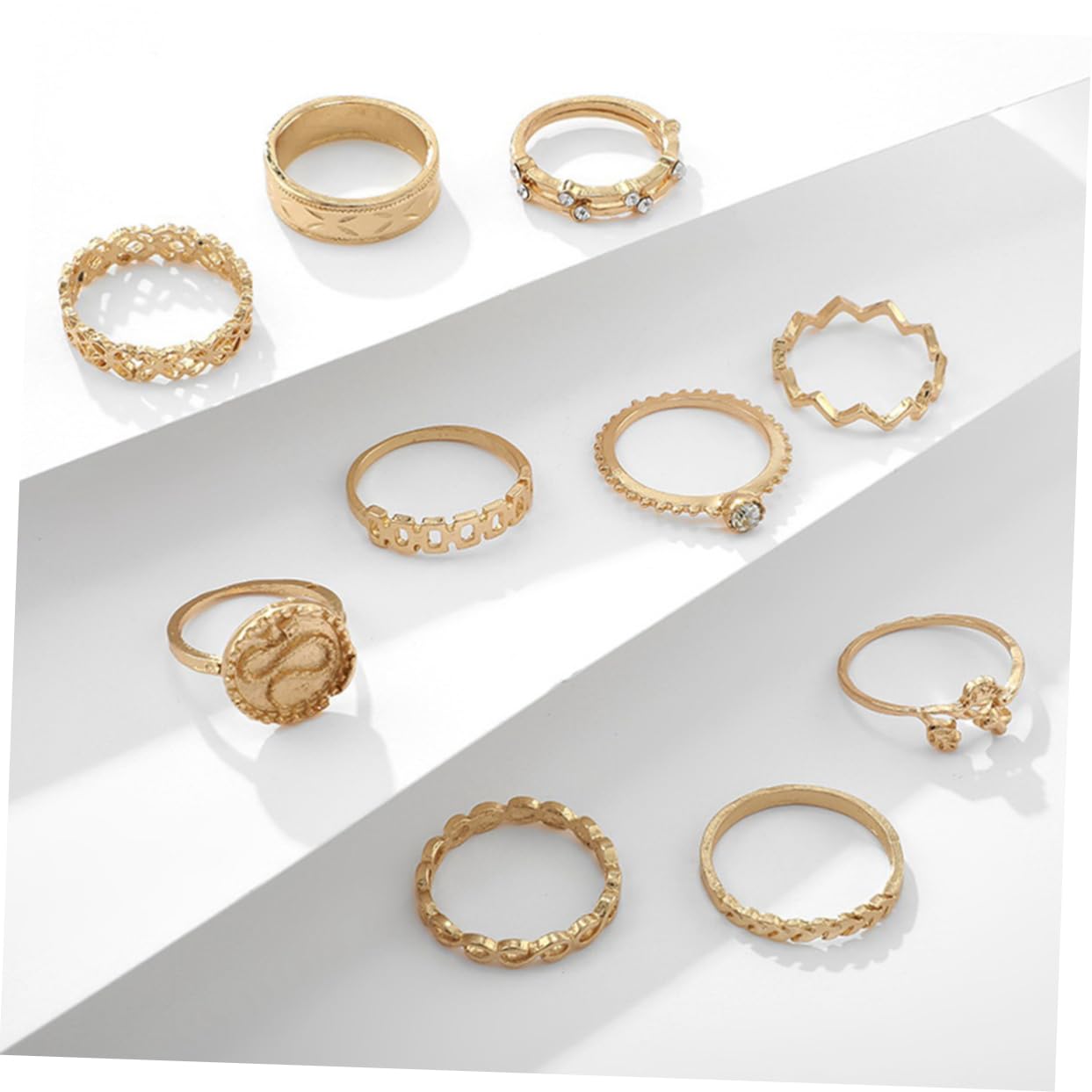 LIFKOME 10pcs Fashionable Rhinestone Ring Set for Women Chunky Gold Cz Wedding Ring Beautiful Flower