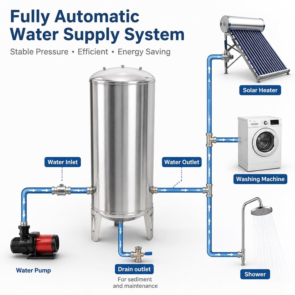 Tanque De Almacenamiento De Agua De Acero Inoxidable | Tanque De Presurización Automática Para Agua De Pozo,Depósito Vertical Presurizado(50x95cm/160L)