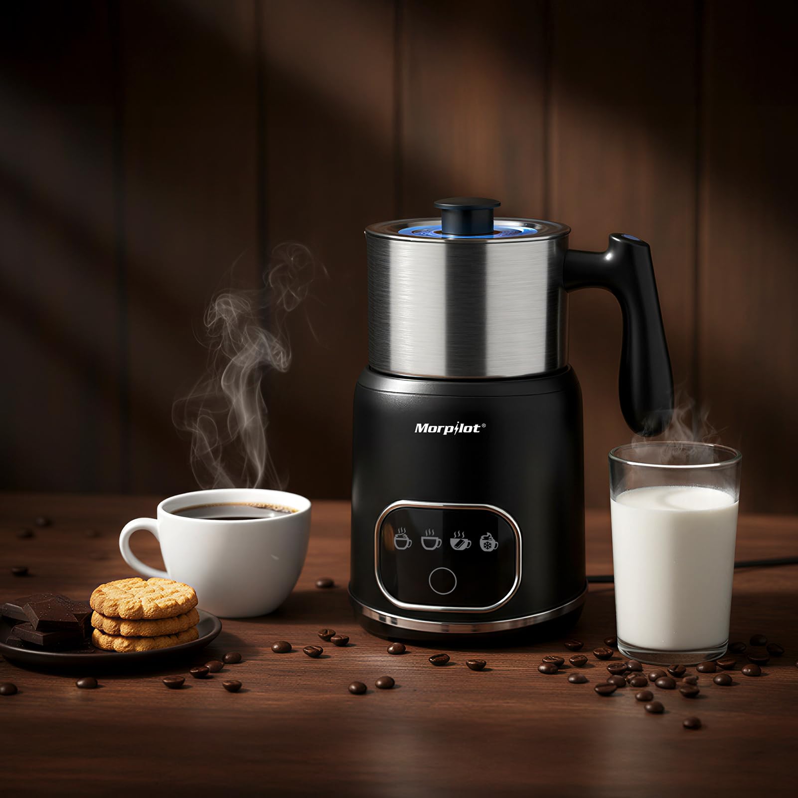 Morpilot Mousseur à Lait Électrique 4-en-1, Grande Capacité 600ml, Mousse Chaude/Froide et Lait Chaud, Milk Frother en Acier Inox avec Design Détachable pour Cappuccino, Latte, Macchiato