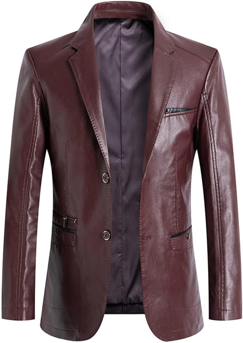ebossy Men's Classic Notched Lapel Faux Leather Blazer Jacket Casual Slim Fully-Lined Long Sleeve Trucker Coat with Pockets