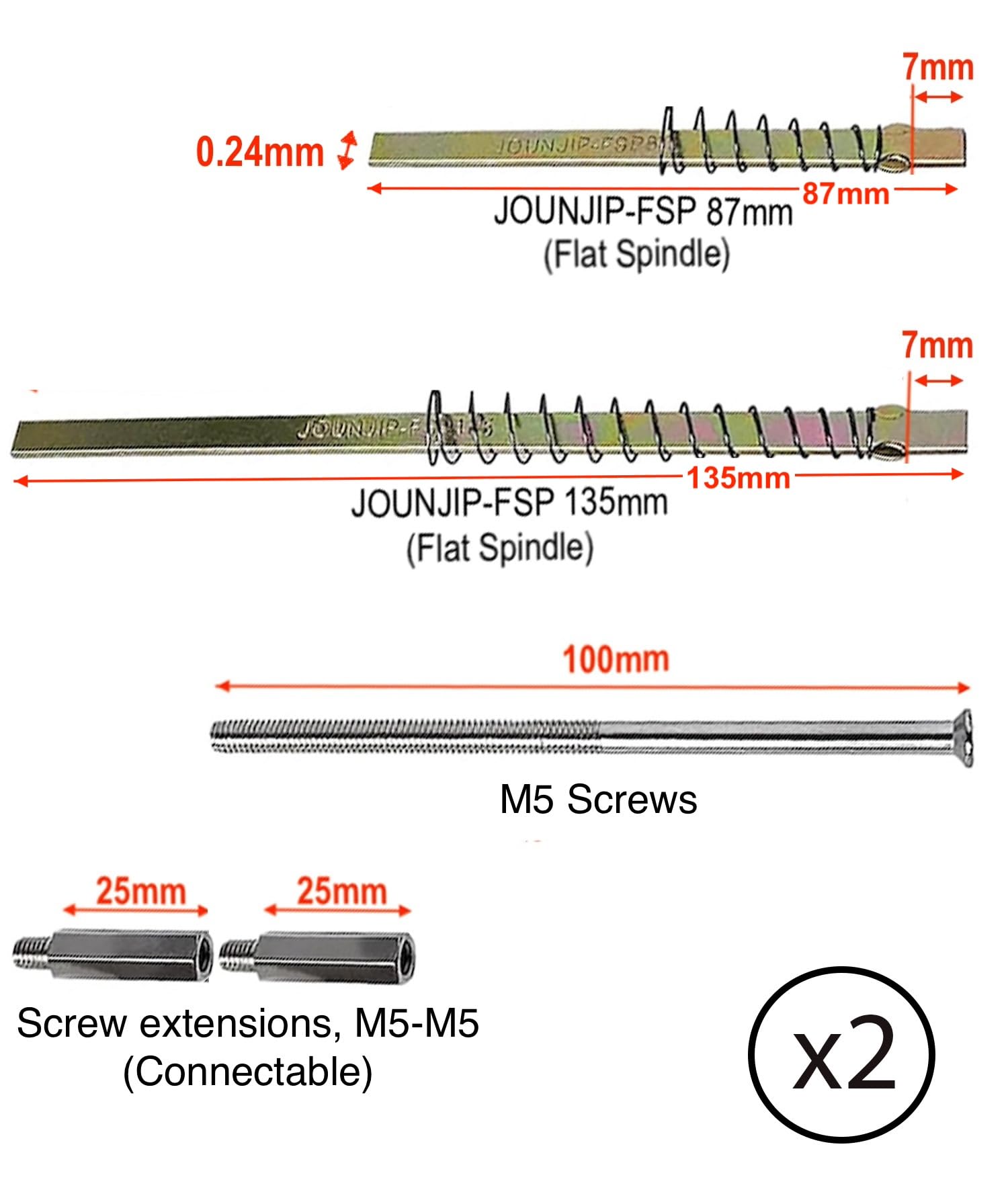 JOUNJIP Kit de extensión de bloqueo mecánico: (2) husillos de 87 mm (2) husillos de 135 mm, (2) tornillos M5 de 100 mm, (4) extensiones de tornillo