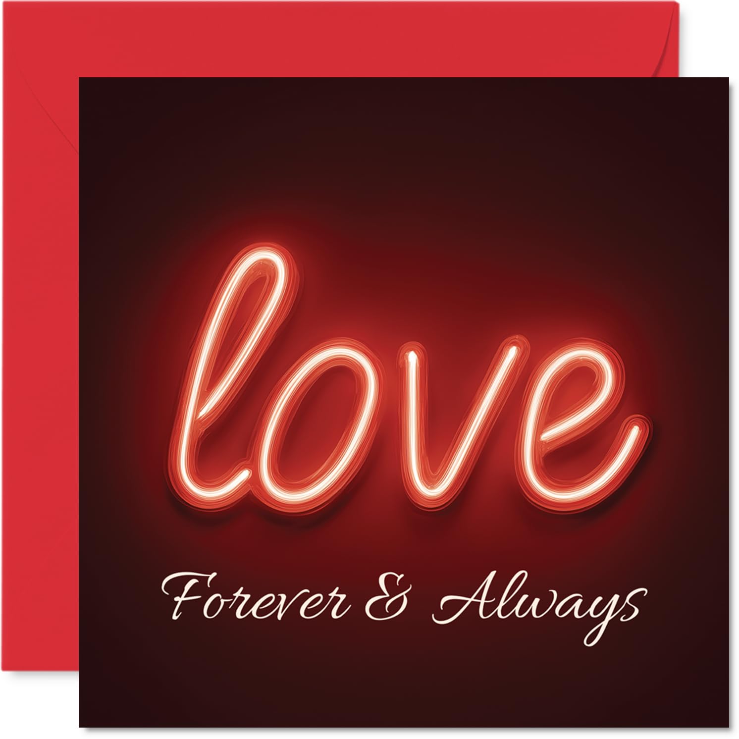 Romantic Anniversary Card - Bold Neon Romance - Red and Black 'Love' Design with Forever & Always Motif, Valentine's Day - 145mm Square, Envelope Included