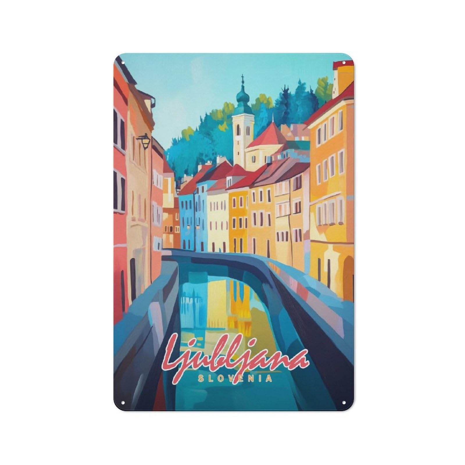 Junmoney Style-14 For Hobby Room Or Studio, Ljubljana, Slovenia Cityscape(2) Rustic Tin Wall Plaque 30X20cm, For Vintage Wall Decor Fans, For Metal Sign Collectors