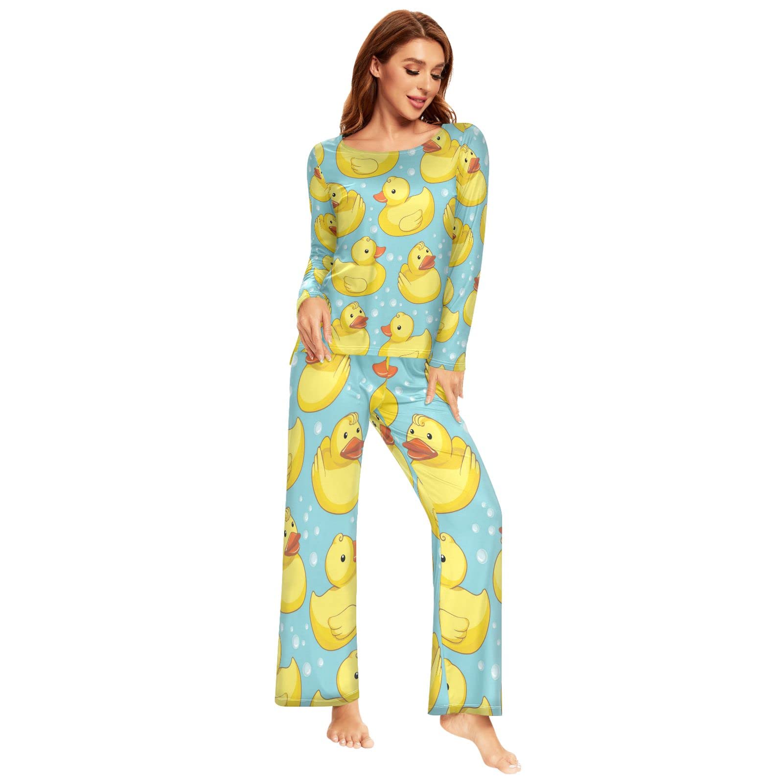 YOUJUNER Pyjamas Sets for Women, Cute Yellow Ducks Long Sleeve Sleepwear Loungewear Set Pjs Nightwear Set