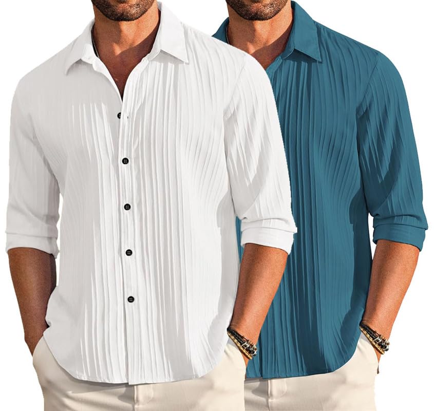Image of DEELMO Combo of Men's Casual Button Down Shirts Long Sleeve Linen Shirt Fashion Textured Summer Shirts Pack of 2