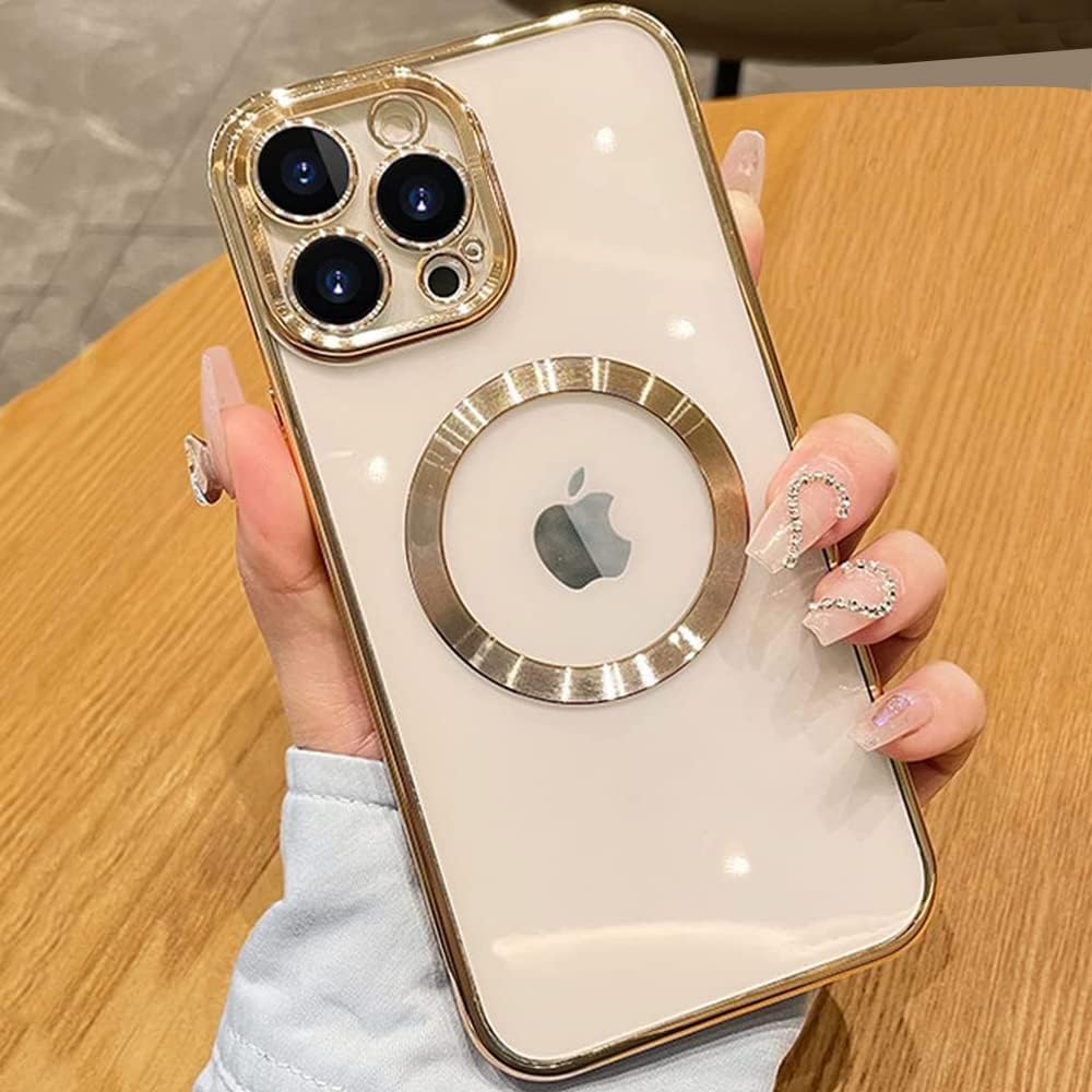 OmioMagnetic Slim Clear Case for iPhone 14 Pro Max Compatible with MagSafe, [Anti-Yellowing Technology] Plating Clear Soft TPU Silicone All-Inclusive Lens Film Shockproof Case for Women Men Gold