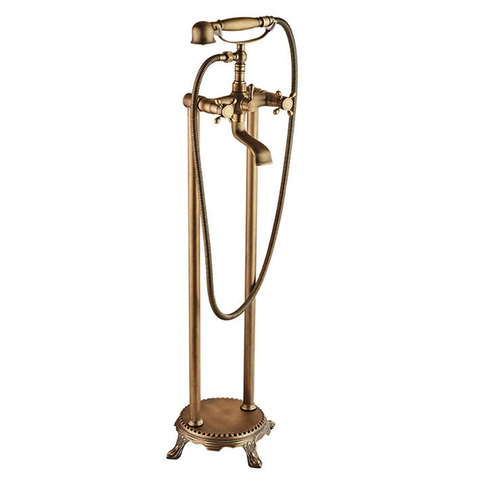CWCQGH Freestanding Bathtub Faucet Antique Brass, Dual Handles Floor Mount Bathtub Faucet, Tub Filler Faucet with Hand Shower, Brass Shower Faucet Set