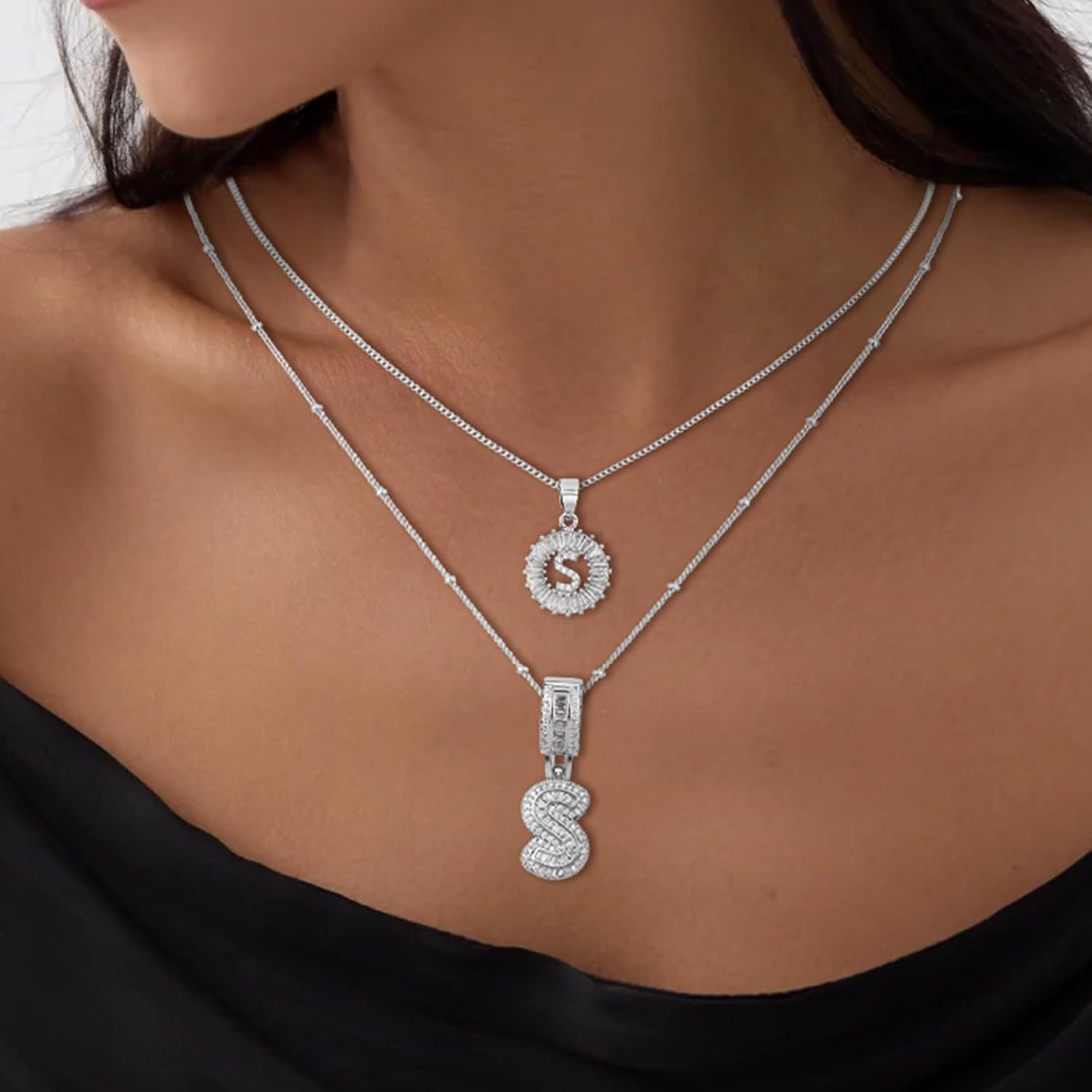 Initial Letter Necklace for Women 14k White Gold Silver Plated Dainty Necklaces Trendy Chunky Custom Layered Necklace Set Personalized Round Circle Zirconia A-Z Letter Chain Pendant Jewelry Gift - Image 2